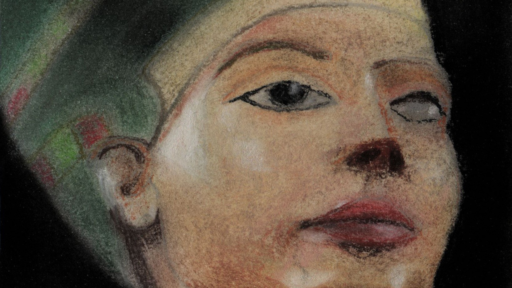 Couverture du projet Portraits aux pastels secs, montrant le buste de Néfertiti réalisé aux pastels secs